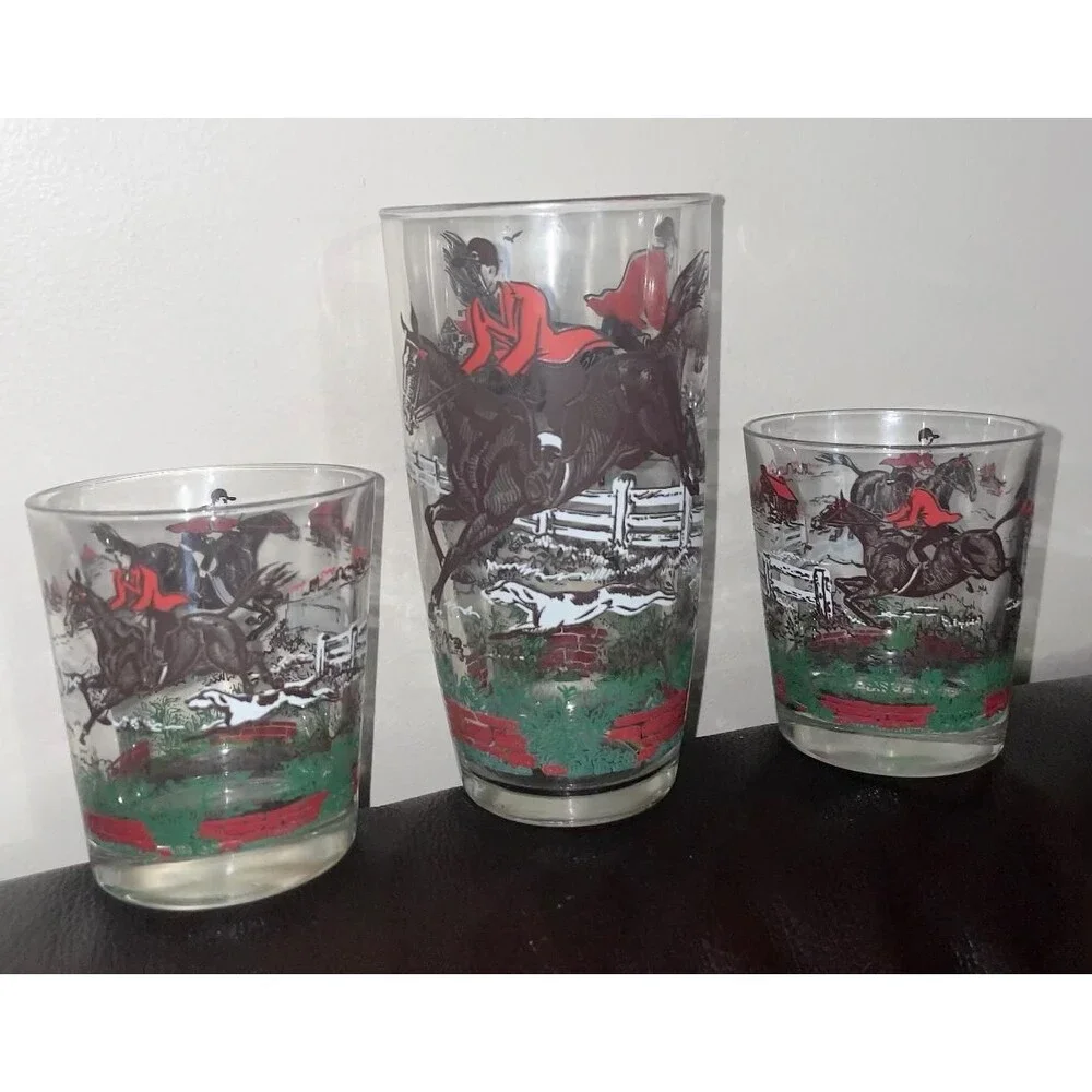 Vintage Fox Hunt Barware Glasses 3 Highball & Rocks Glasses Equestrian